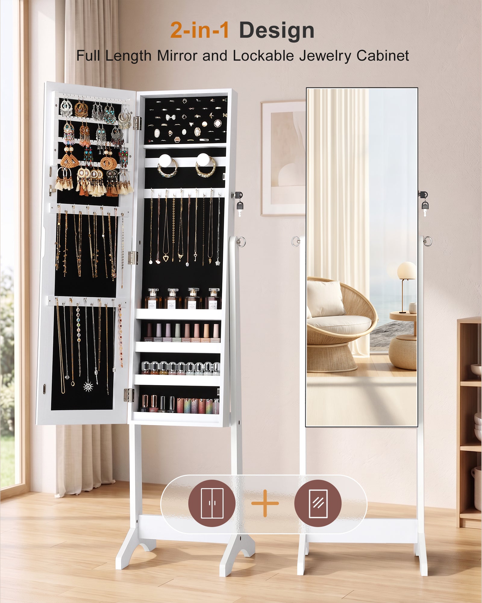 Skyhill Jewelry Armoire, Freestanding Full-Length Mirror Jewelry Cabinet, Jewelry Armoire Cabinet with Makeup Storage