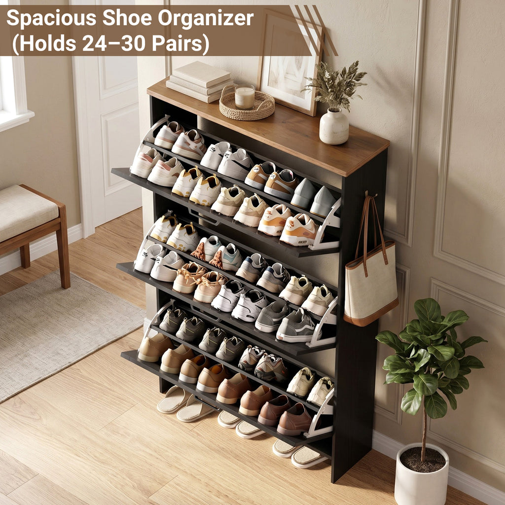 Skyhill Shoe Cabinet with 3 Flip Drawers, Farmhouse Shoe Storage Cabinet Organizer for Entryway, Black