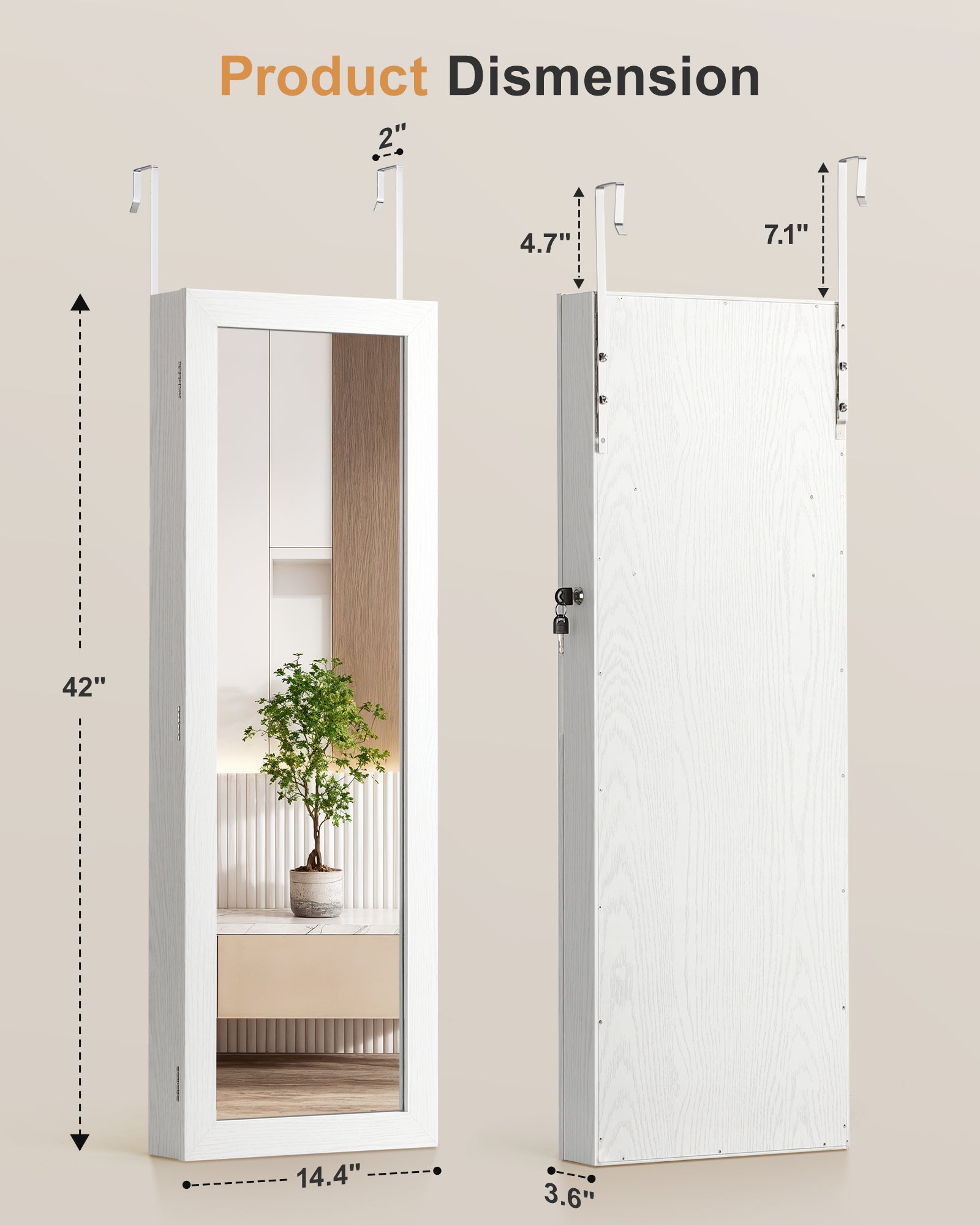 Skyhill Mirror Jewelry Cabinet，Jewelry Armoire Organizer with Makeup Storage，Door or Wall Mounted， 6 LED Lights（White）