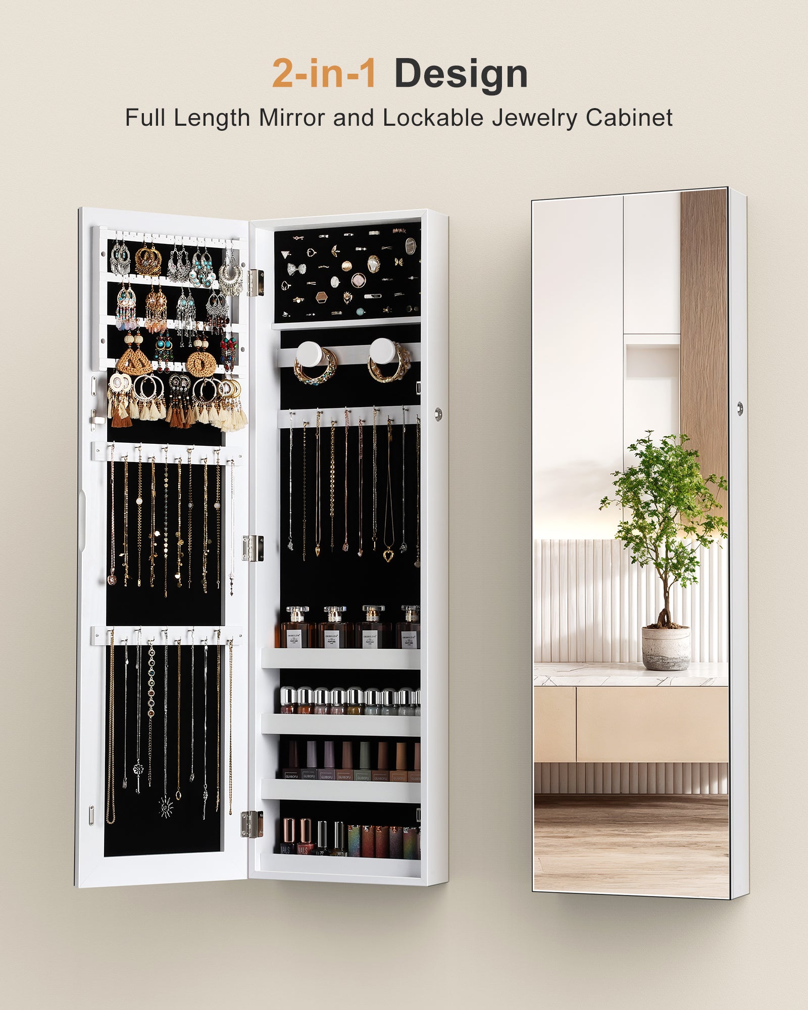 Skyhill Jewelry Cabinet,40in Jewelry Armoire Organizer,Mirror without borders,Door or Wall Mounted（White）