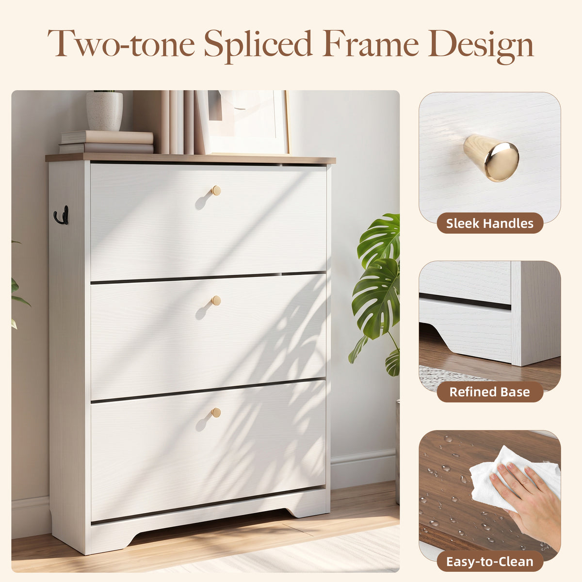 Skyhill Shoe Cabinet with 3 Flip Drawers,Freestanding Shoe Storage Organizer,White & Walnut 2-Tone Narrow Shoe Rack for Entryway,White