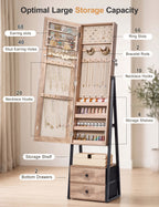 Skyhill Jewelry Cabinet Armoire, Full-Length Mirror Lockable with with 2 Drawers and Shelf（Oak）