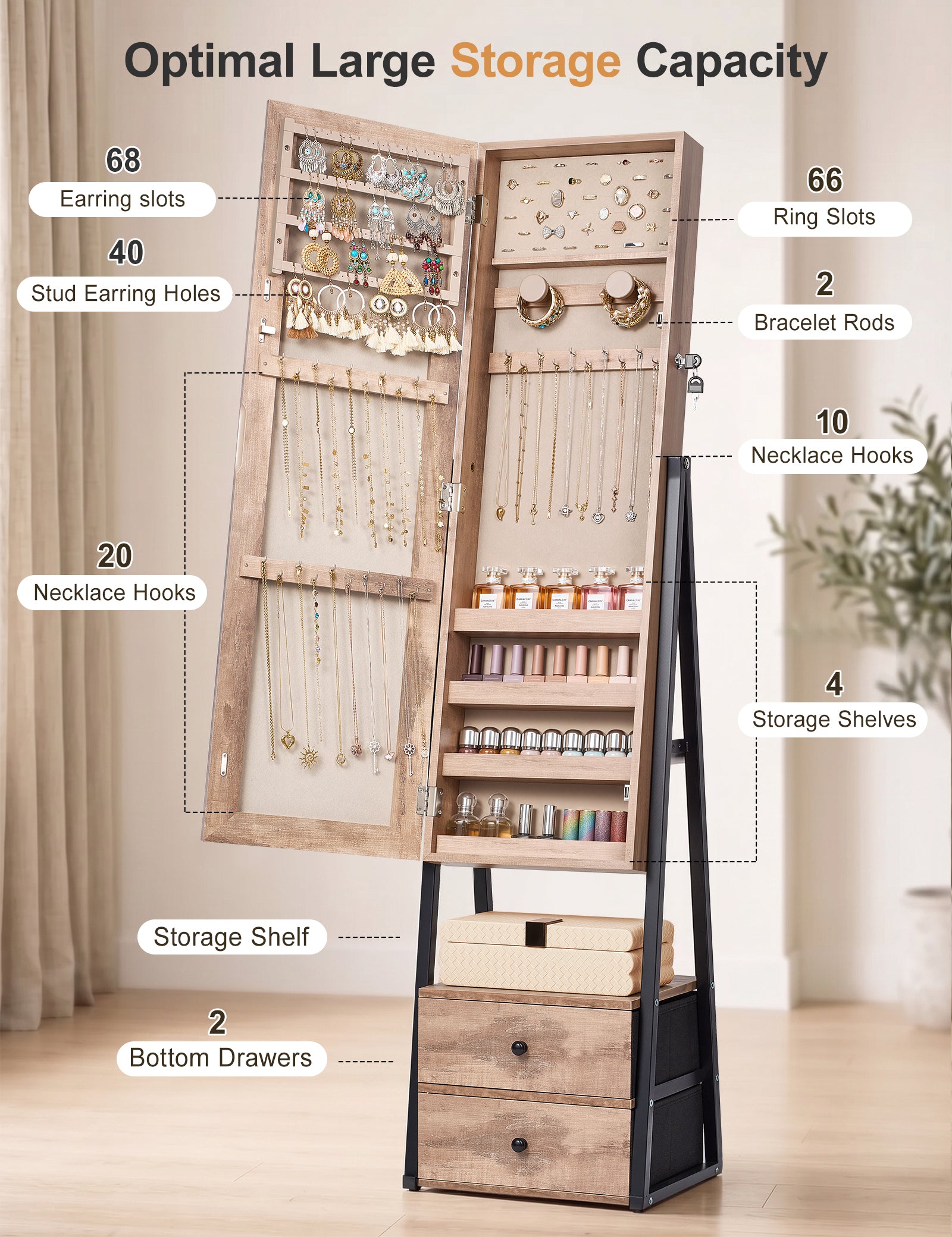 Skyhill Jewelry Cabinet Armoire, Full-Length Mirror Lockable with with 2 Drawers and Shelf（Oak）