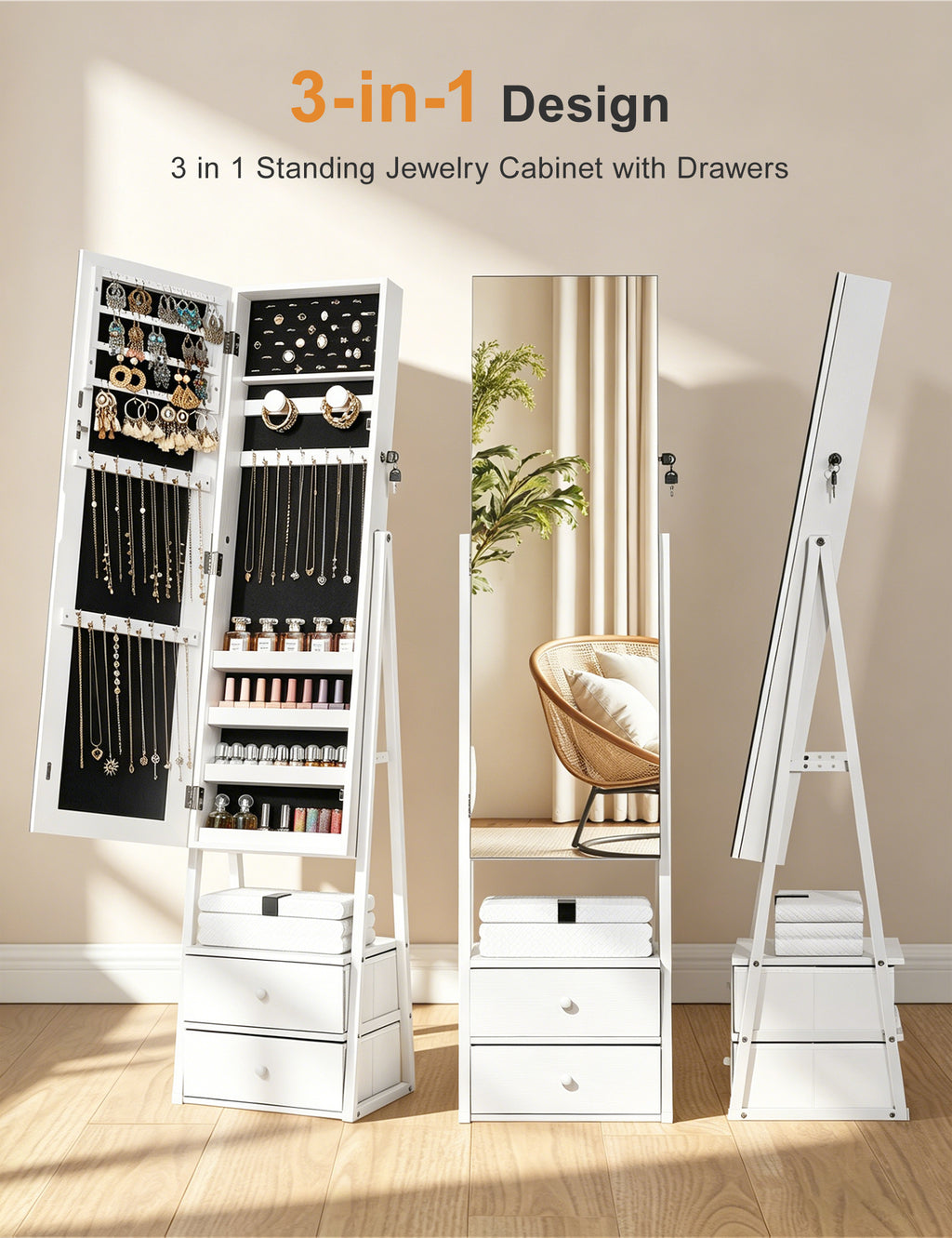 Skyhill Jewelry Cabinet Armoire, Full-Length Mirror Lockable with with 2 Drawers and Shelf（White）