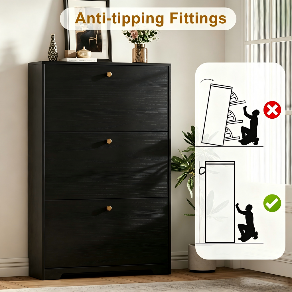 Skyhill Shoe Cabinet with 3 Flip Drawers,Modern Shoe Organizer for Entryway,Black