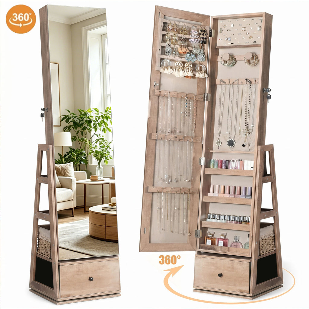Skyhill 360°Swivel Jewelry Armoire, 60" Full Length Mirror Cabinet with 3 Rear Shelves, Bottom Drawer, Oak