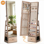 Skyhill 360°Swivel Jewelry Armoire, 60" Full Length Mirror Cabinet with 3 Rear Shelves, Bottom Drawer, Oak