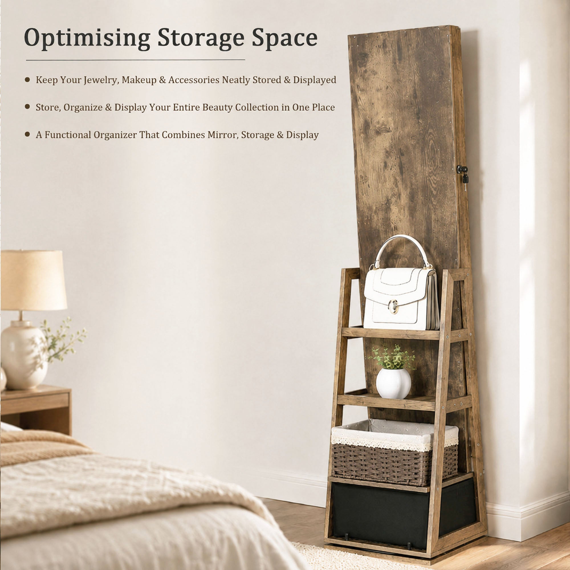 Skyhill 360°Swivel Jewelry Armoire, 60" Full Length Mirror Cabinet with 3 Rear Shelves, Bottom Drawer, Brown