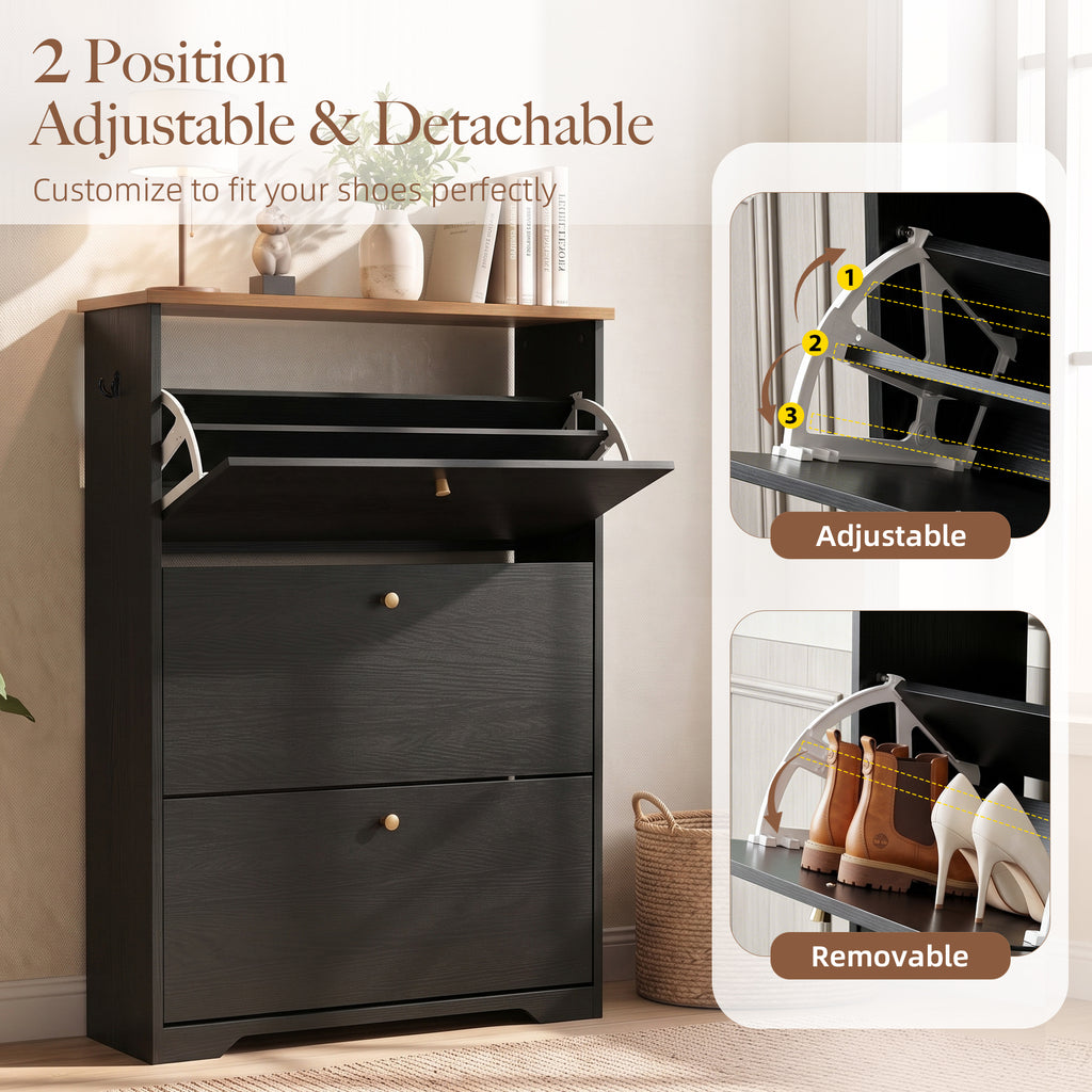 Skyhill Shoe Cabinet with 3 Flip Drawers,Freestanding Shoe Storage Organizer,White & Walnut 2-Tone Narrow Shoe Rack for Entryway,Black