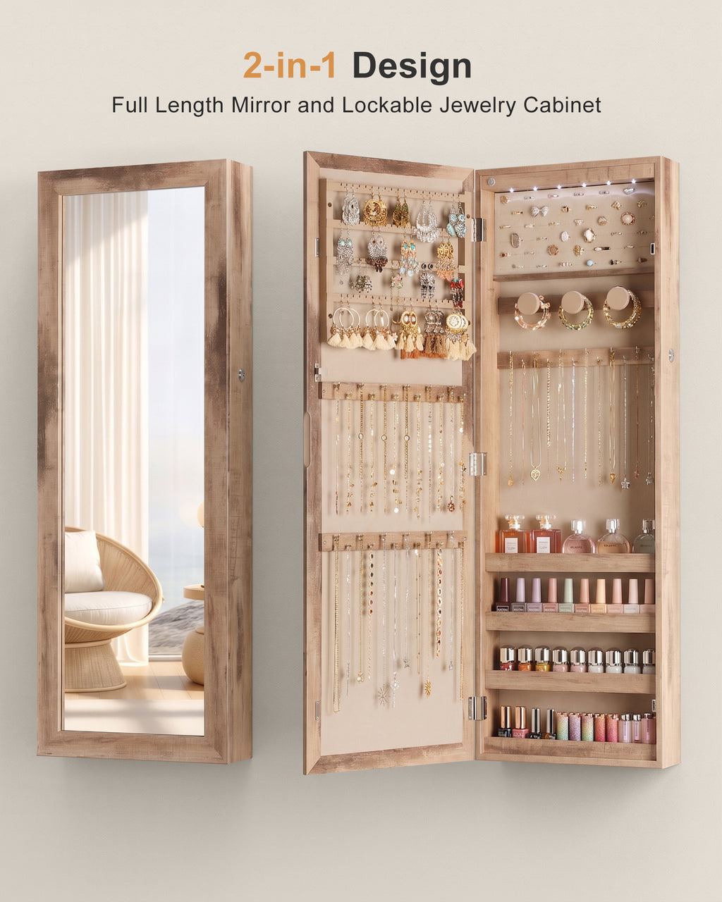 Skyhill Mirror Jewelry Cabinet, 40in Jewelry Armoire Organizer, Door or Wall Mounted, 6 LED Lights（Oak）