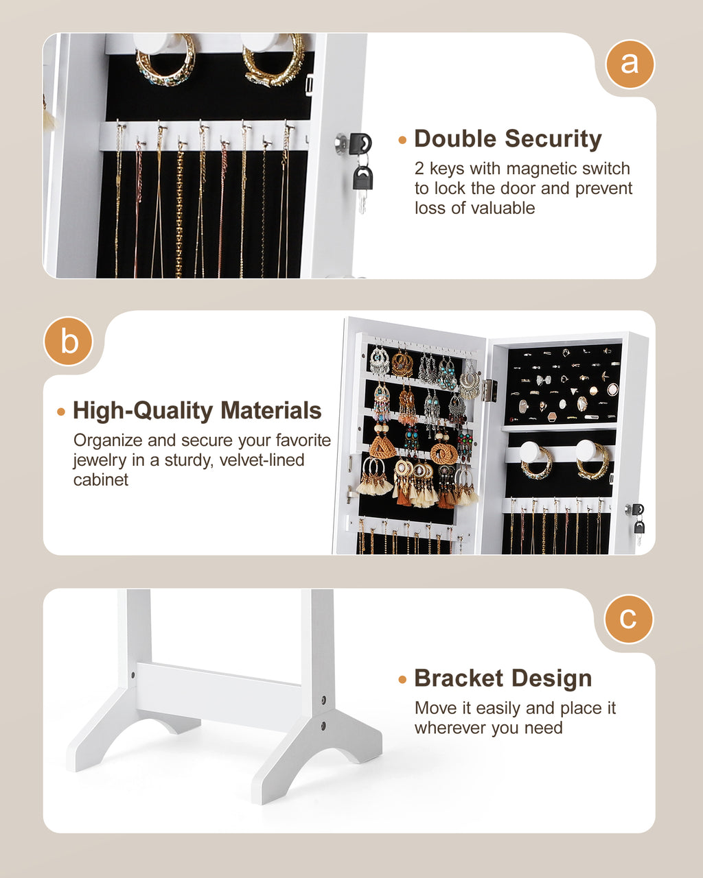 Skyhill Jewelry Armoire, Freestanding Full-Length Mirror Jewelry Cabinet, Jewelry Armoire Cabinet with Makeup Storage