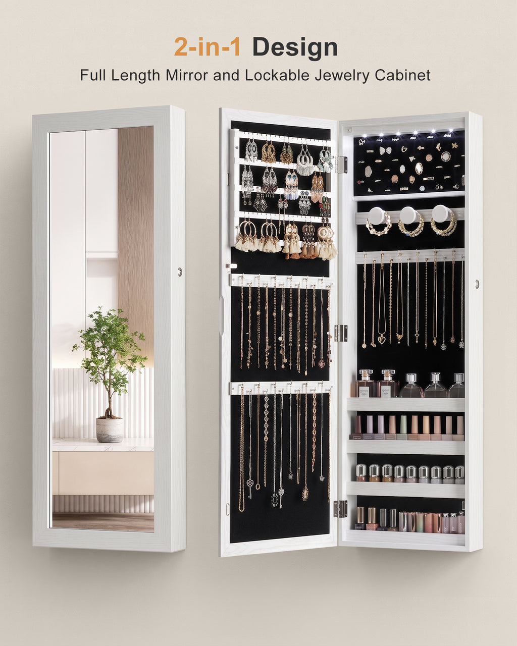 Skyhill Mirror Jewelry Cabinet，Jewelry Armoire Organizer with Makeup Storage，Door or Wall Mounted， 6 LED Lights（White）