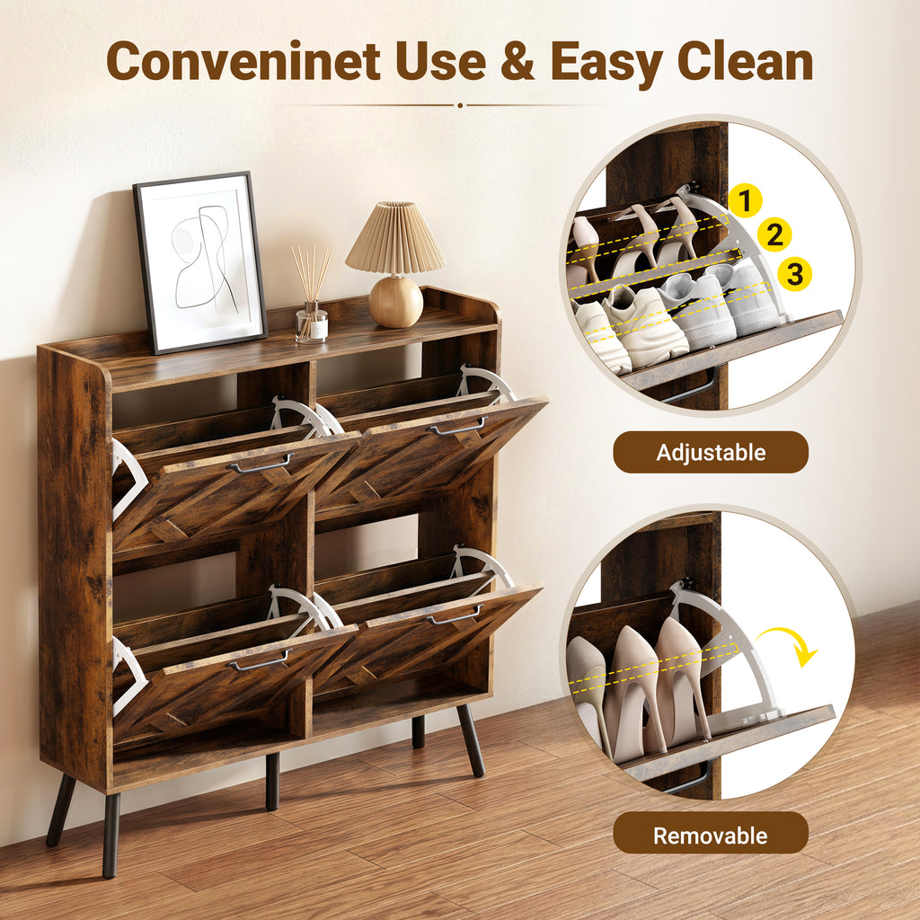 Skyhill Shoe Cabinet with 4 Flip Drawers,Farmhouse Shoe Storage Organizer for Entryway,Brown