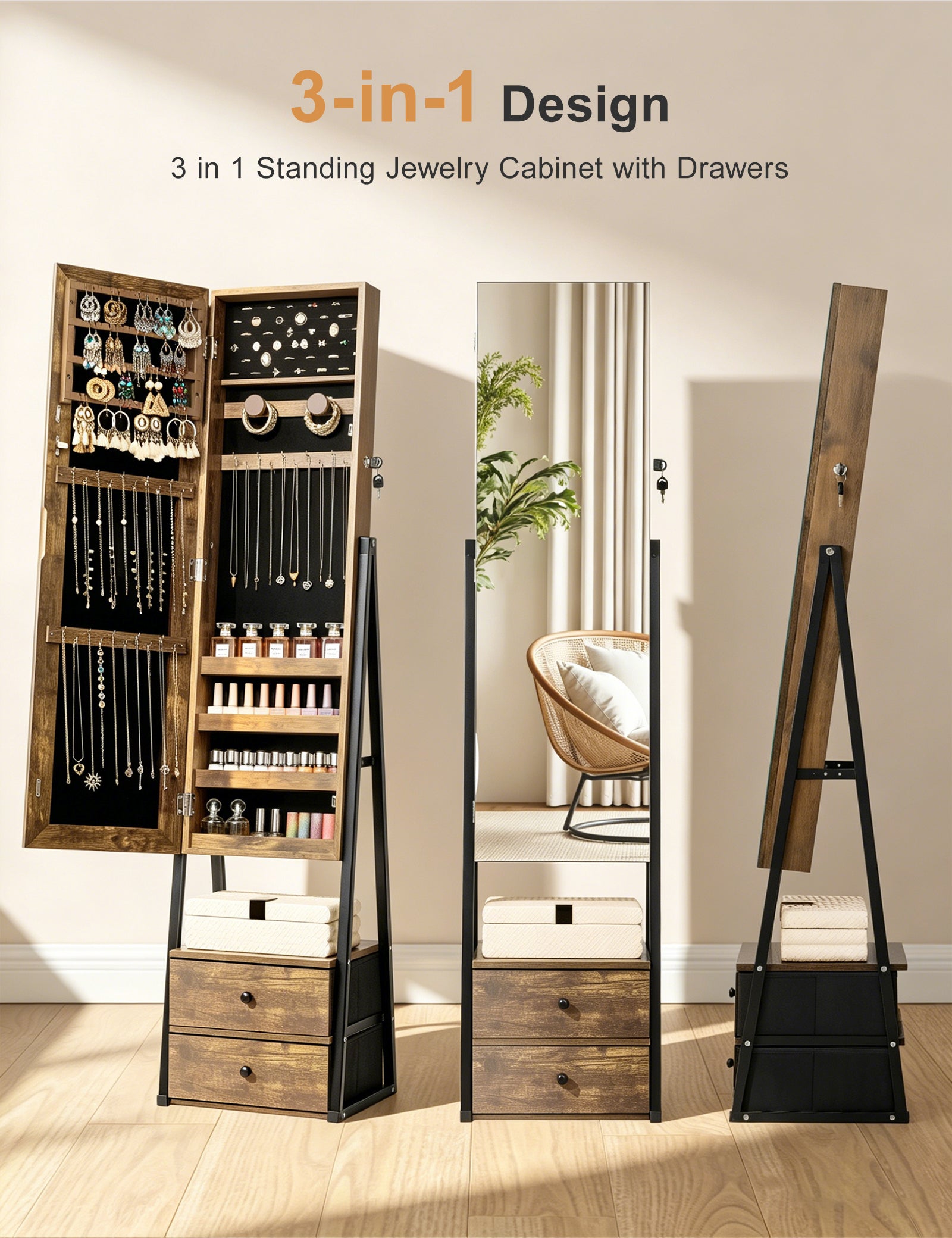Skyhill Jewelry Cabinet Armoire, Full-Length Mirror Lockable with with 2 Drawers and Shelf（Brown）