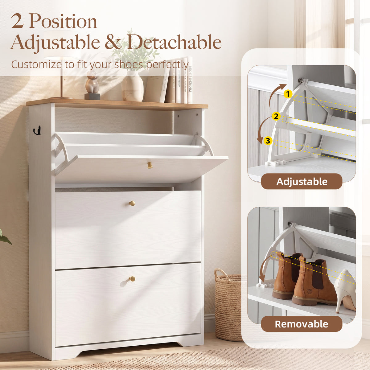 Skyhill Shoe Cabinet with 3 Flip Drawers,Freestanding Shoe Storage Organizer,White & Walnut 2-Tone Narrow Shoe Rack for Entryway,White