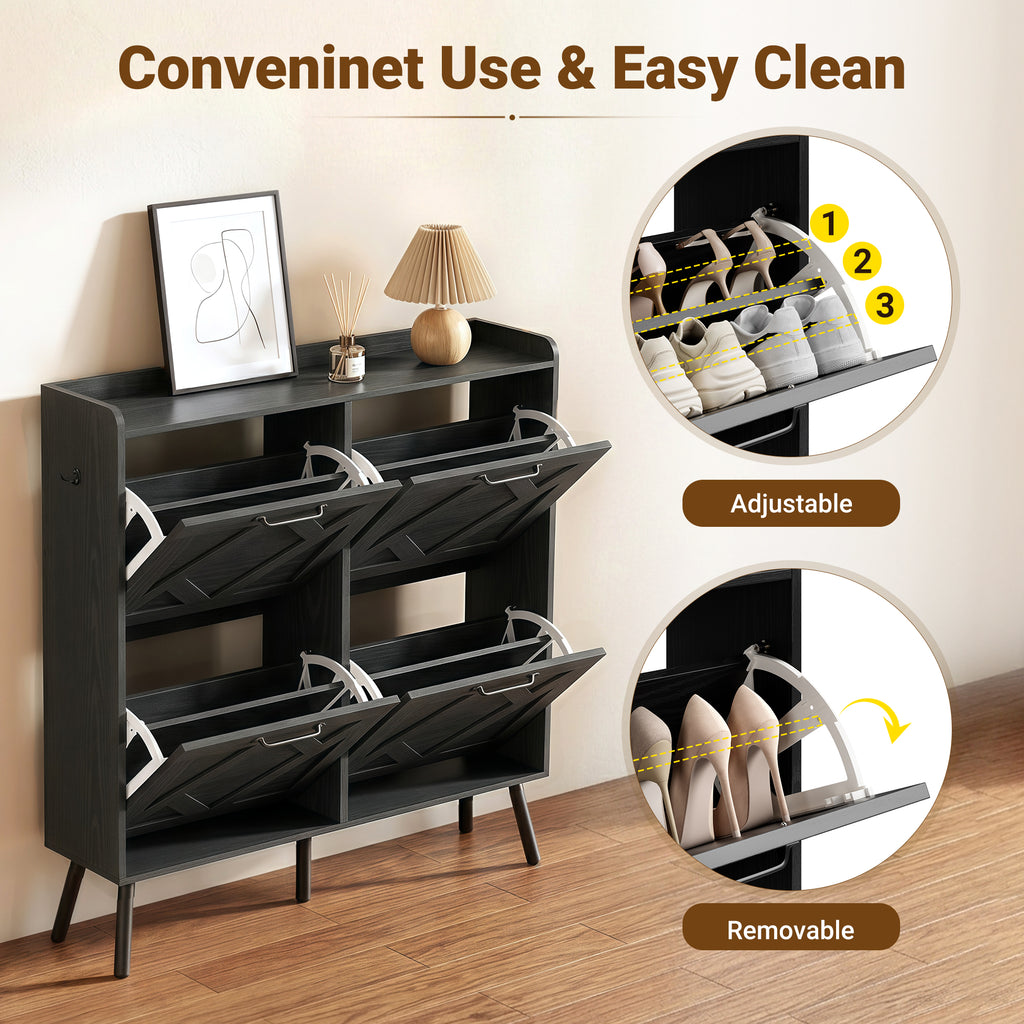 Skyhill Shoe Cabinet with 4 Flip Drawers,Farmhouse Shoe Storage Organizer for Entryway,Black