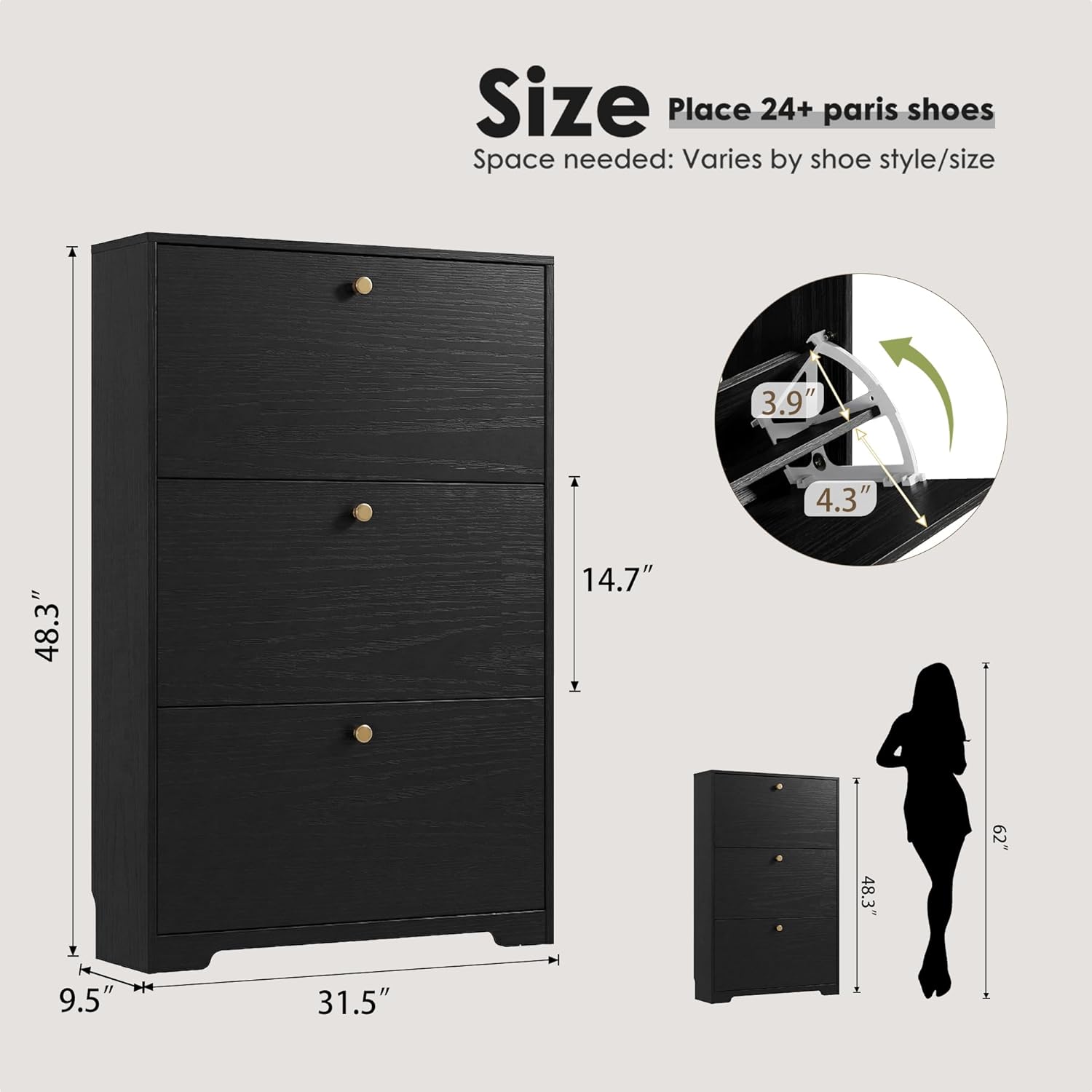 Skyhill Shoe Cabinet with 3 Flip Drawers,Modern Shoe Organizer for Entryway,Black