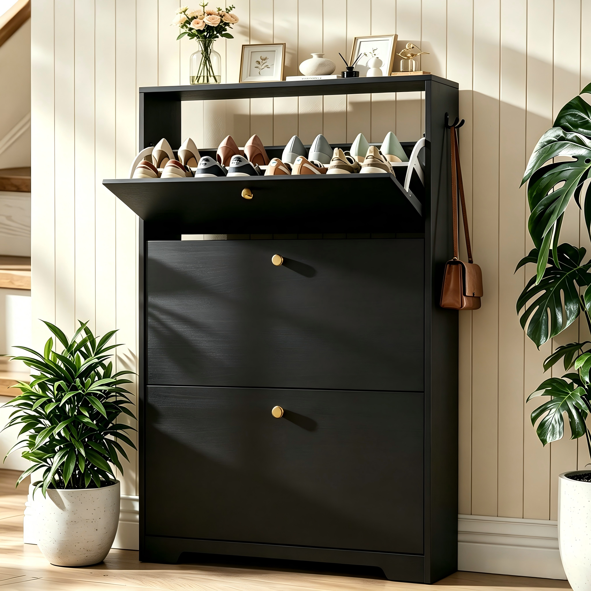 Skyhill Shoe Cabinet with 3 Flip Drawers,Modern Shoe Organizer for Entryway,Black