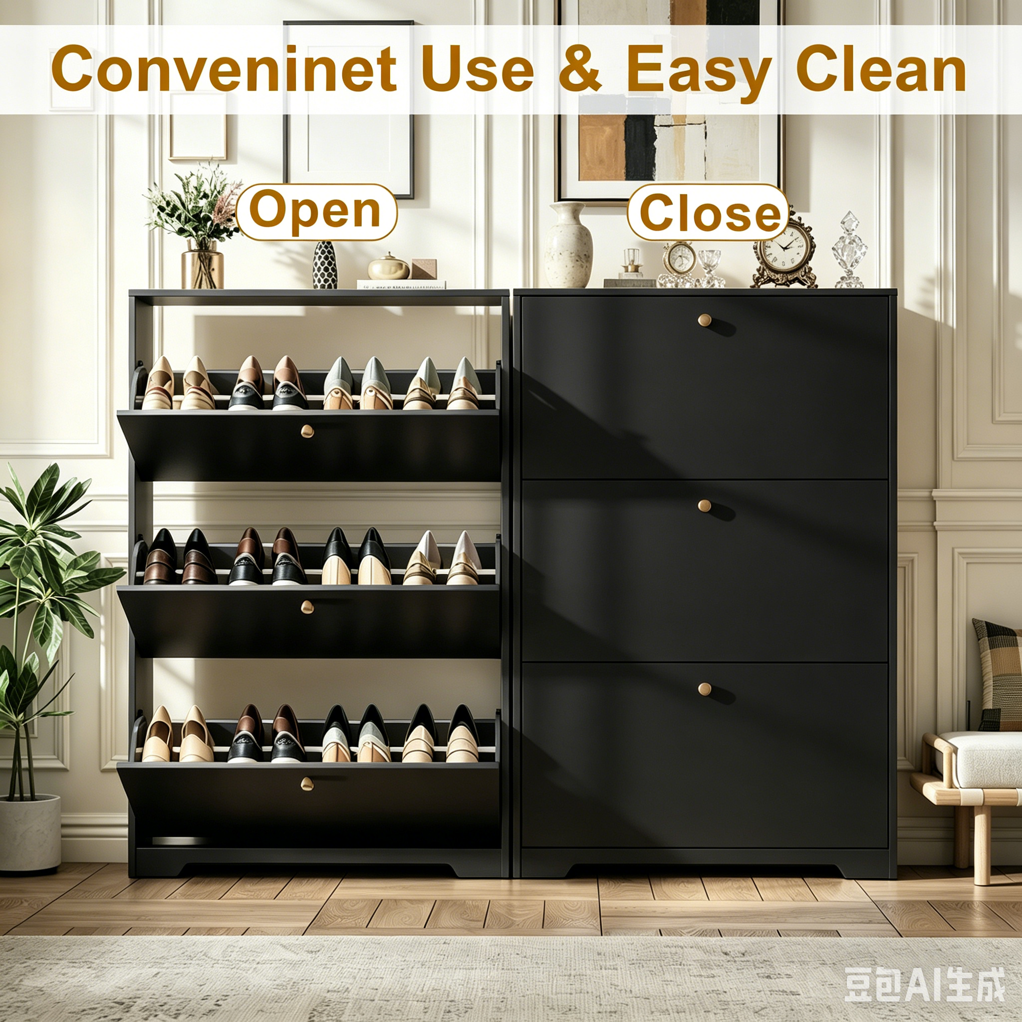 Skyhill Shoe Cabinet with 3 Flip Drawers,Modern Shoe Organizer for Entryway,Black