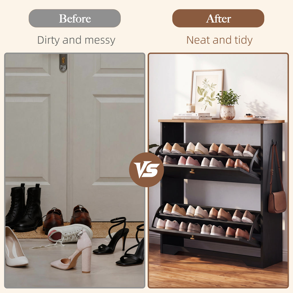 Skyhill Shoe Cabinet with 2 Flip Drawers,Freestanding Shoe Storage Organizer,White & Walnut 2-Tone Narrow Shoe Rack for Entryway,Black