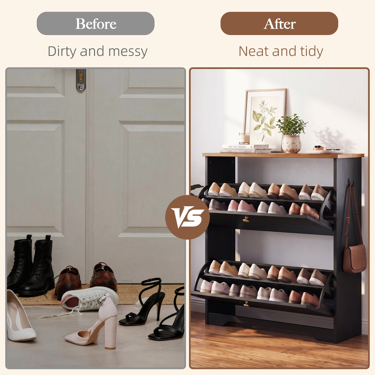 Skyhill Shoe Cabinet with 2 Flip Drawers,Freestanding Shoe Storage Organizer,White & Walnut 2-Tone Narrow Shoe Rack for Entryway,Black