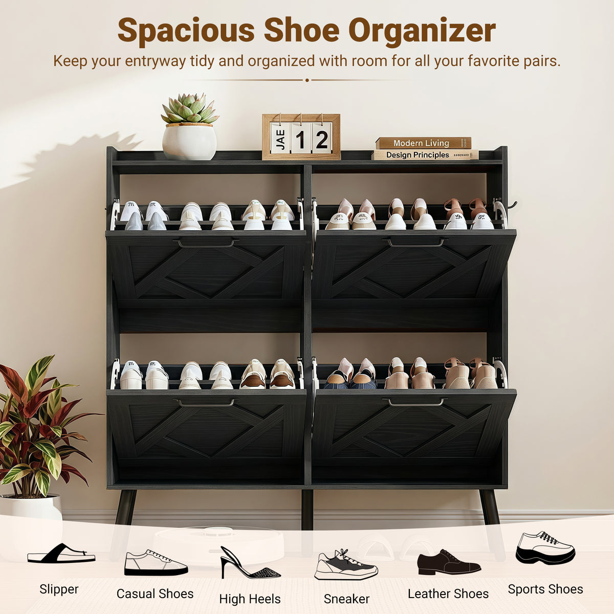 Skyhill Shoe Cabinet with 4 Flip Drawers,Farmhouse Shoe Storage Organizer for Entryway,Black