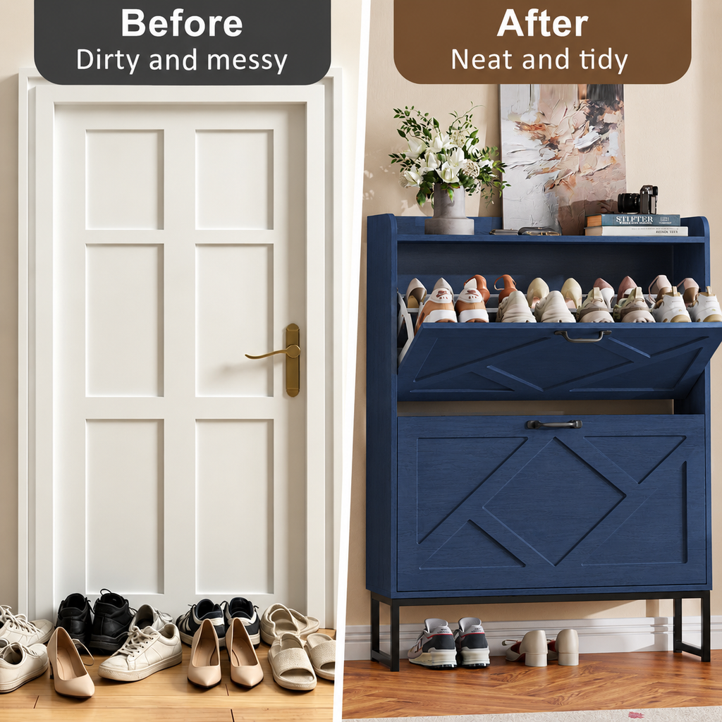 Skyhill Shoe Cabinet with 2 Flip Drawers,Farmhouse Shoe Organizer for Entryway,Blue