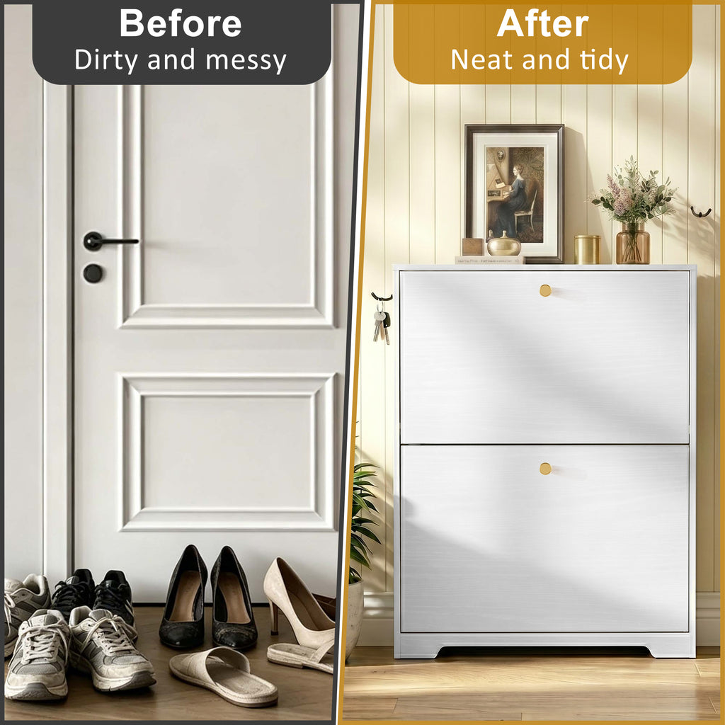 Skyhill Shoe Cabinet with 2 Flip Drawers,Modern Shoe Organizer for Entryway,White
