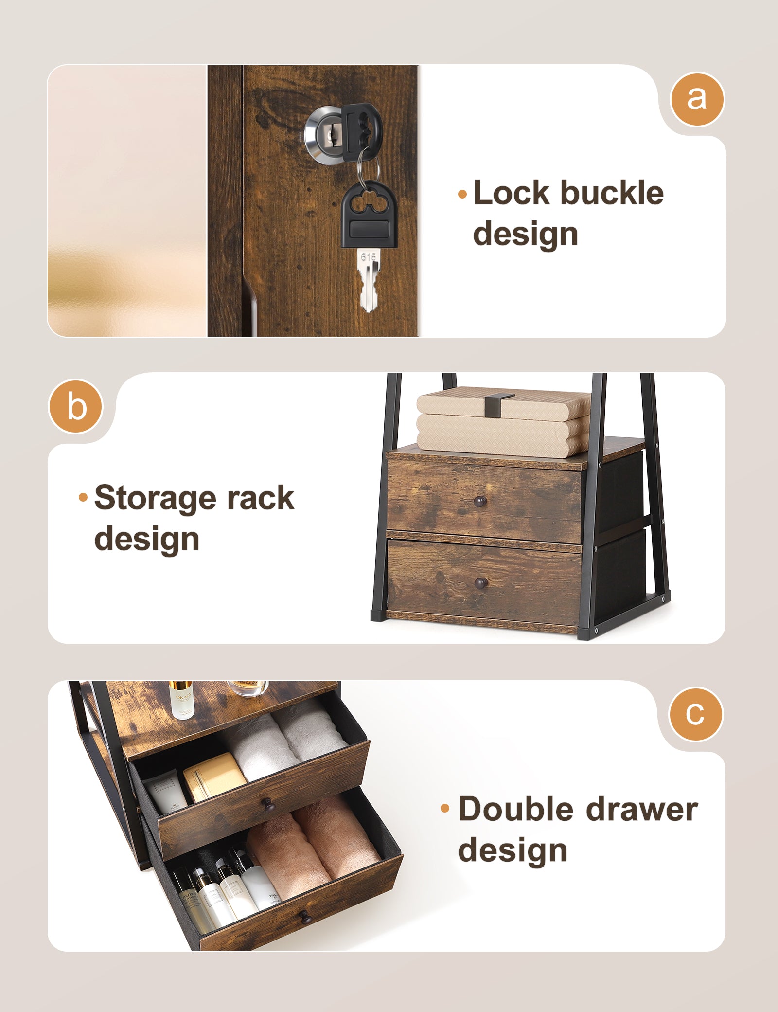 Skyhill Jewelry Cabinet Armoire, Full-Length Mirror Lockable with with 2 Drawers and Shelf（Brown）
