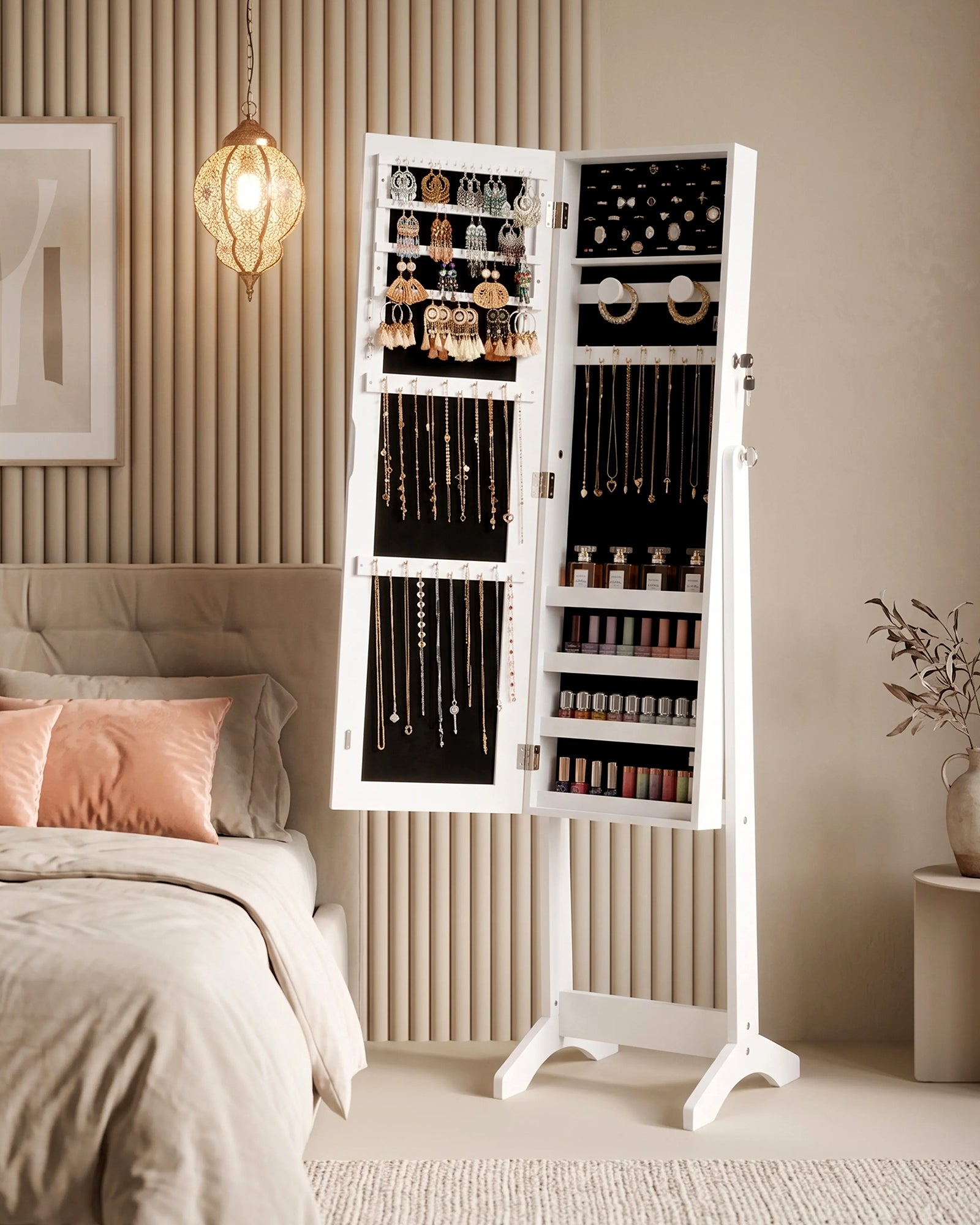 Skyhill Jewelry Armoire, Freestanding Full-Length Mirror Jewelry Cabinet, Jewelry Armoire Cabinet with Makeup Storage