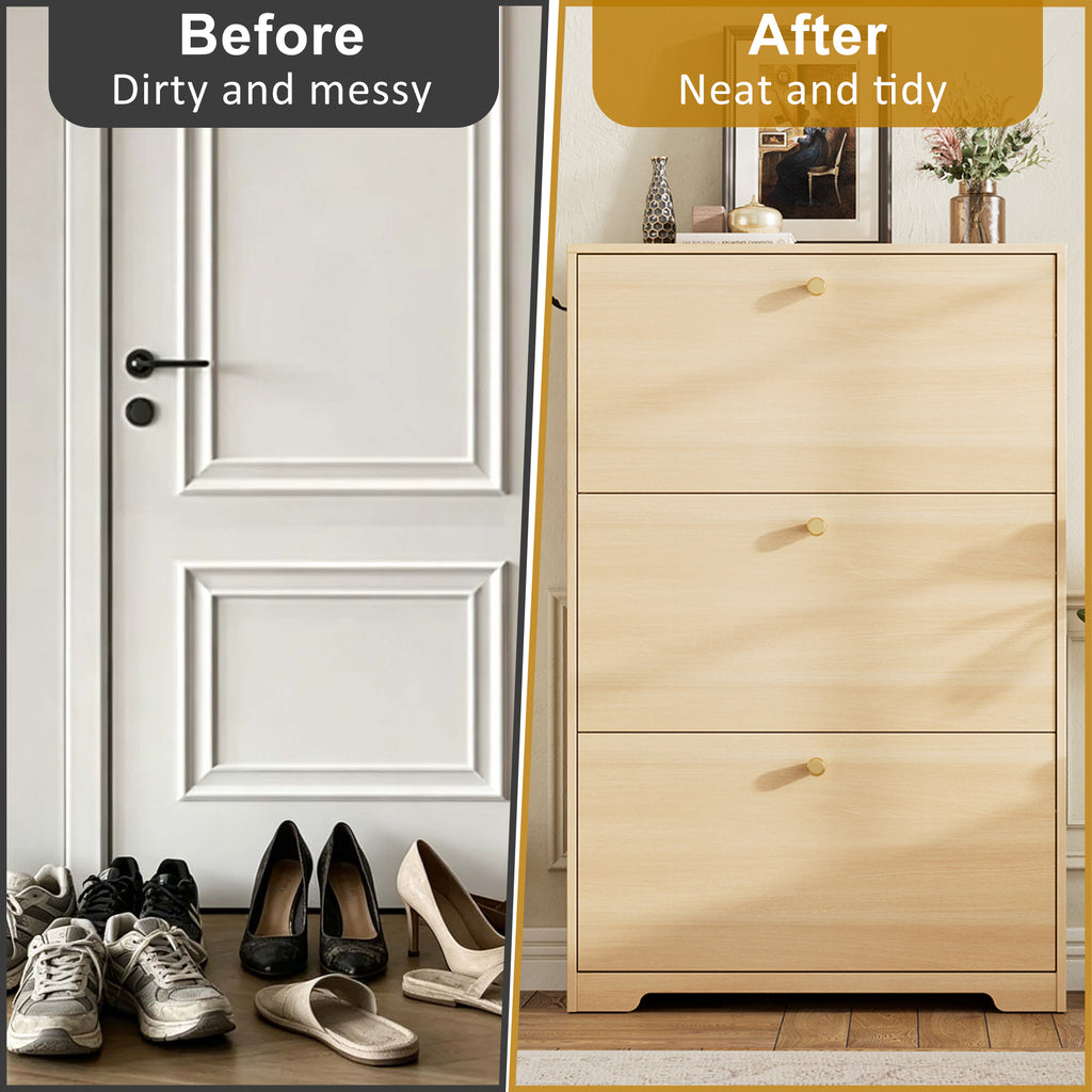 Skyhill Shoe Cabinet with 3 Flip Drawers,Modern Shoe Organizer for Entryway,Wood color