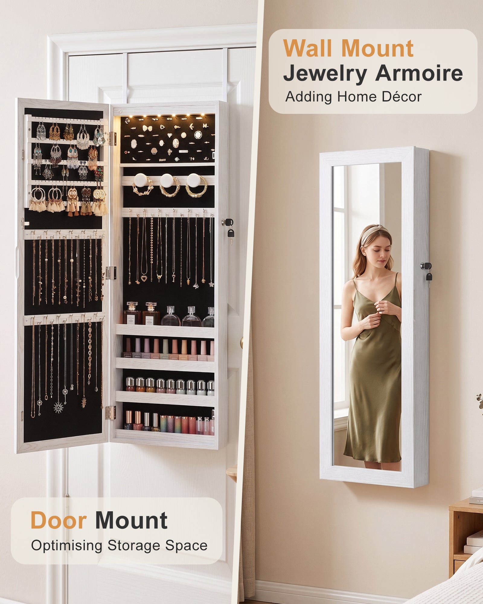 Skyhill Mirror Jewelry Cabinet，Jewelry Armoire Organizer with Makeup Storage，Door or Wall Mounted， 6 LED Lights（White）