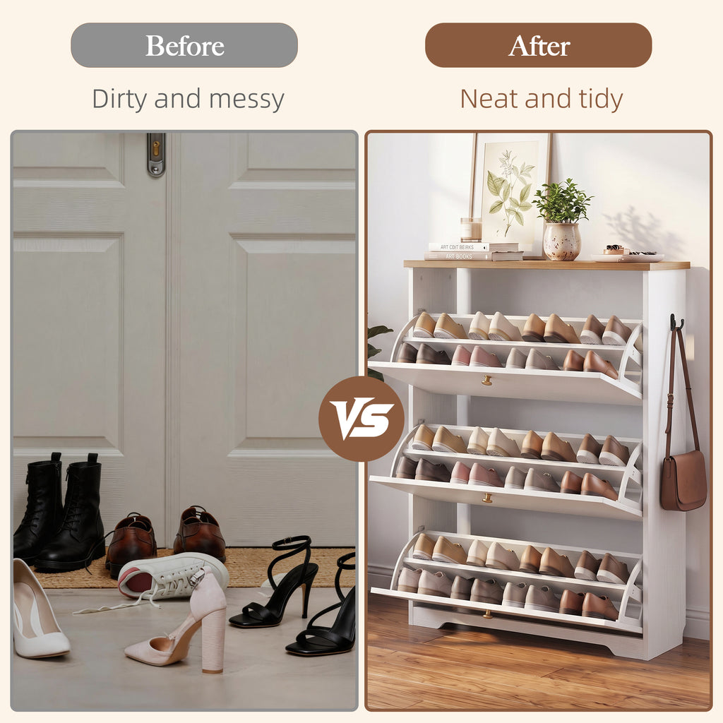 Skyhill Shoe Cabinet with 3 Flip Drawers,Freestanding Shoe Storage Organizer,White & Walnut 2-Tone Narrow Shoe Rack for Entryway,White