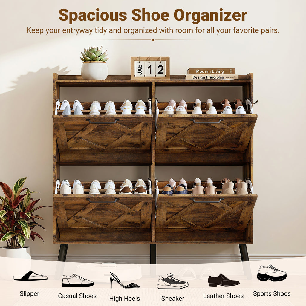Skyhill Shoe Cabinet with 4 Flip Drawers,Farmhouse Shoe Storage Organizer for Entryway,Brown