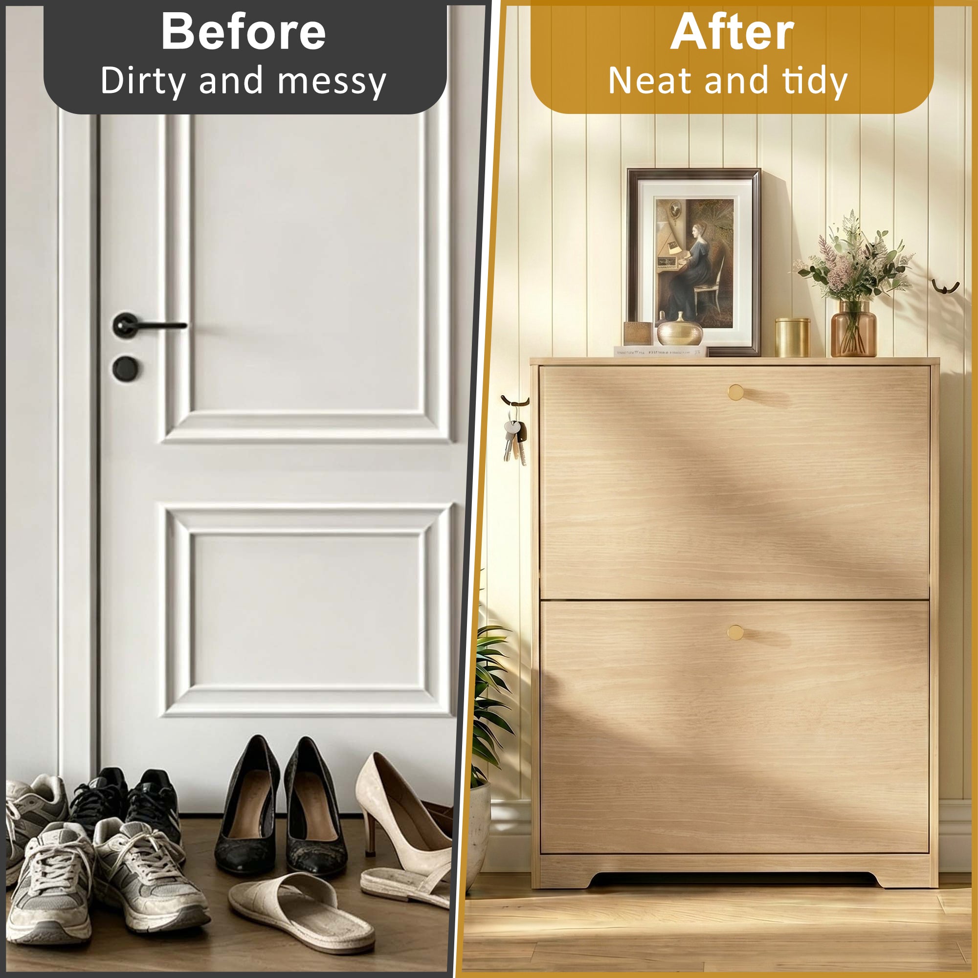 Skyhill Shoe Cabinet with 2 Flip Drawers,Modern Shoe Organizer for Entryway,Wood color