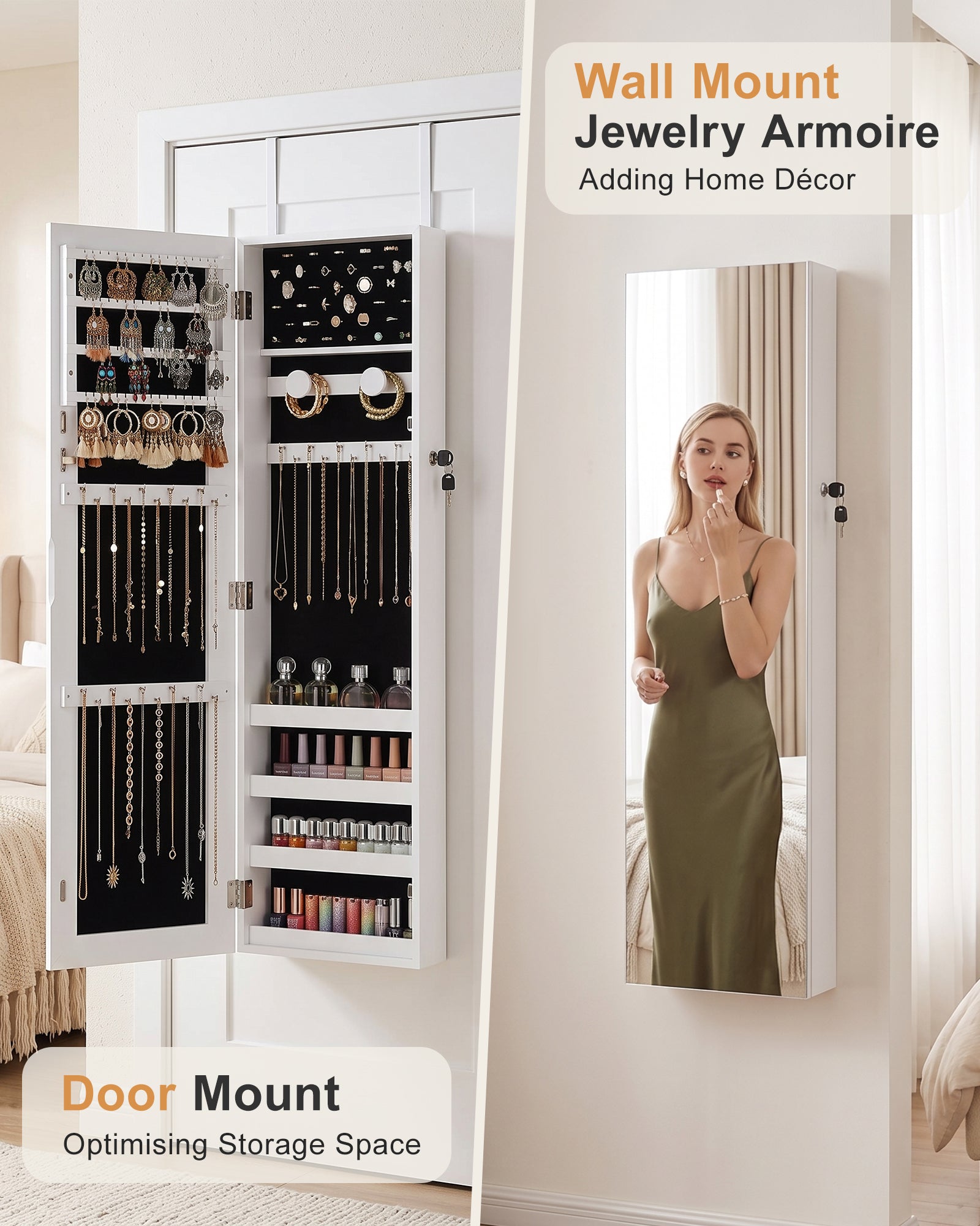 Skyhill Jewelry Cabinet,40in Jewelry Armoire Organizer,Mirror without borders,Door or Wall Mounted（White）