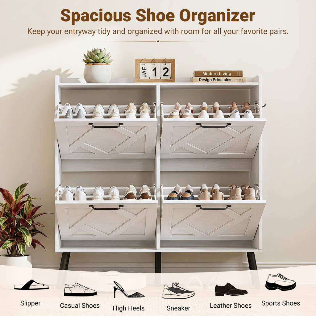 Skyhill Shoe Cabinet with 4 Flip Drawers,Farmhouse Shoe Storage Organizer for Entryway,White