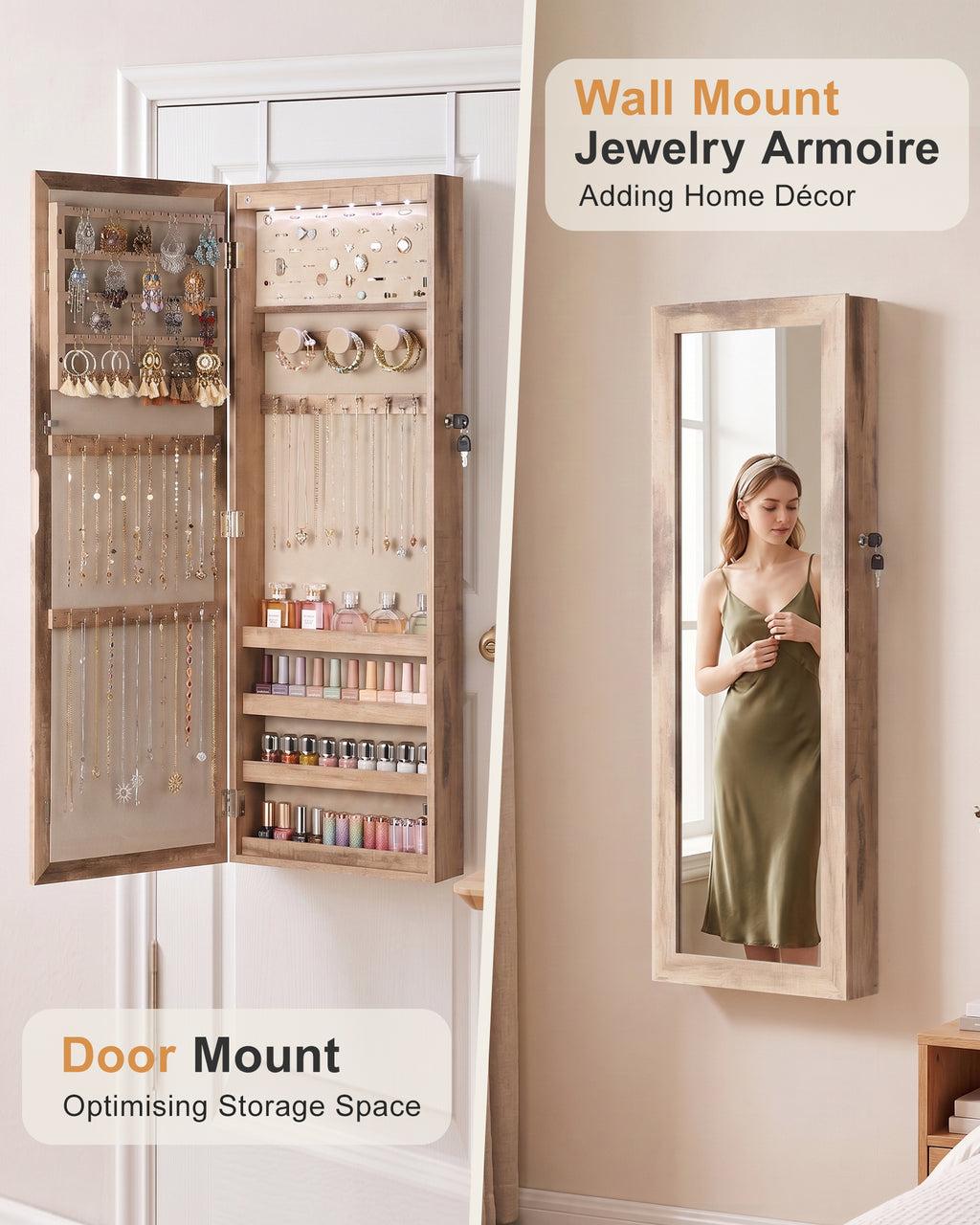 Skyhill Mirror Jewelry Cabinet, 40in Jewelry Armoire Organizer, Door or Wall Mounted, 6 LED Lights（Oak）