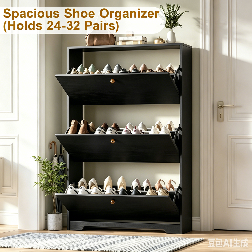 Skyhill Shoe Cabinet with 3 Flip Drawers,Modern Shoe Organizer for Entryway,Black
