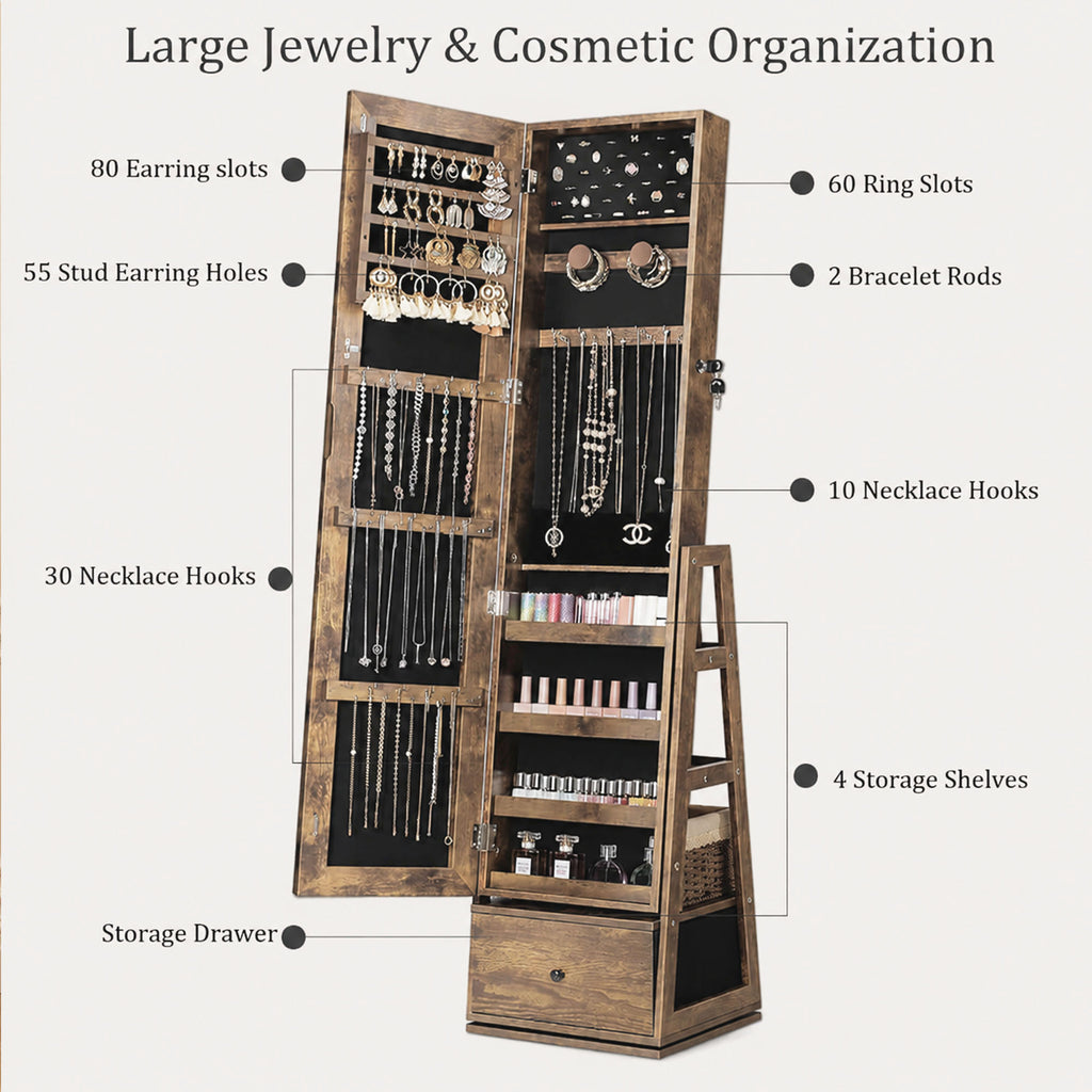 Skyhill 360°Swivel Jewelry Armoire, 60" Full Length Mirror Cabinet with 3 Rear Shelves, Bottom Drawer, Brown