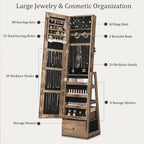 Skyhill 360°Swivel Jewelry Armoire, 60" Full Length Mirror Cabinet with 3 Rear Shelves, Bottom Drawer, Brown