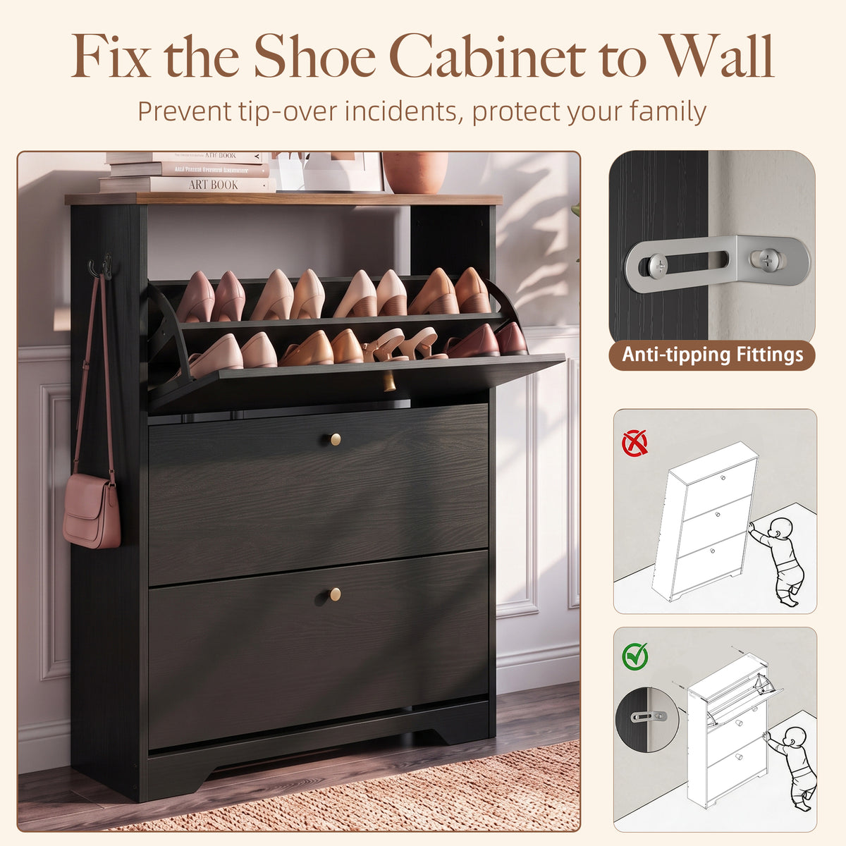 Skyhill Shoe Cabinet with 3 Flip Drawers,Freestanding Shoe Storage Organizer,White & Walnut 2-Tone Narrow Shoe Rack for Entryway,Black