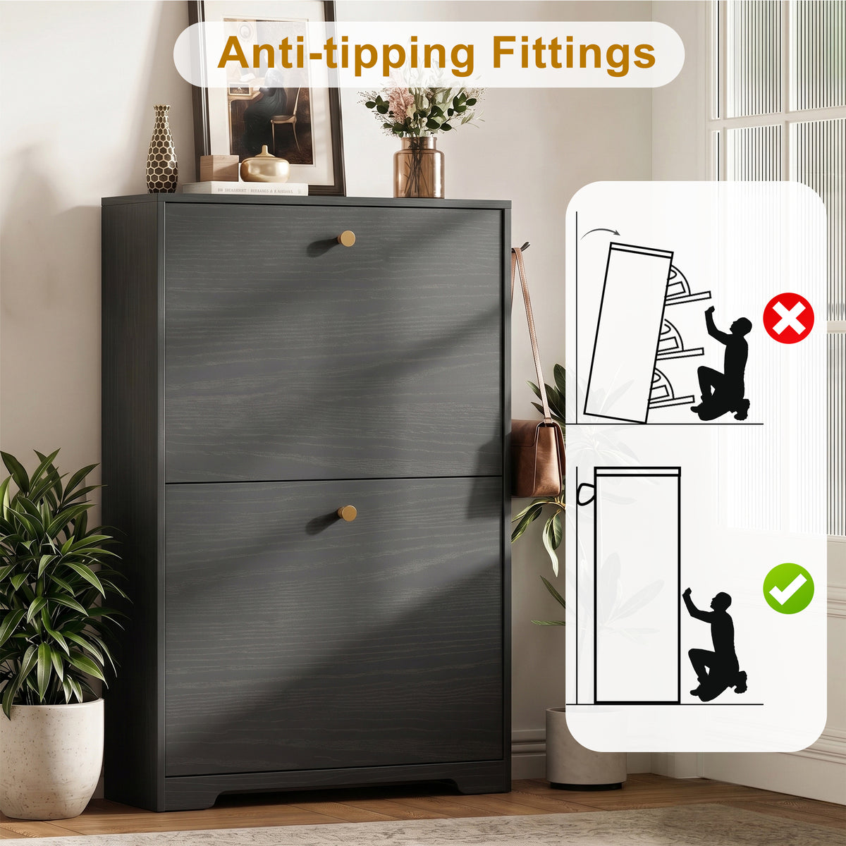 Skyhill Shoe Cabinet with 2 Flip Drawers,Modern Shoe Organizer for Entryway,Black