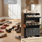 Skyhill Shoe Cabinet with 3 Flip Drawers, Farmhouse Shoe Storage Cabinet Organizer for Entryway, Black