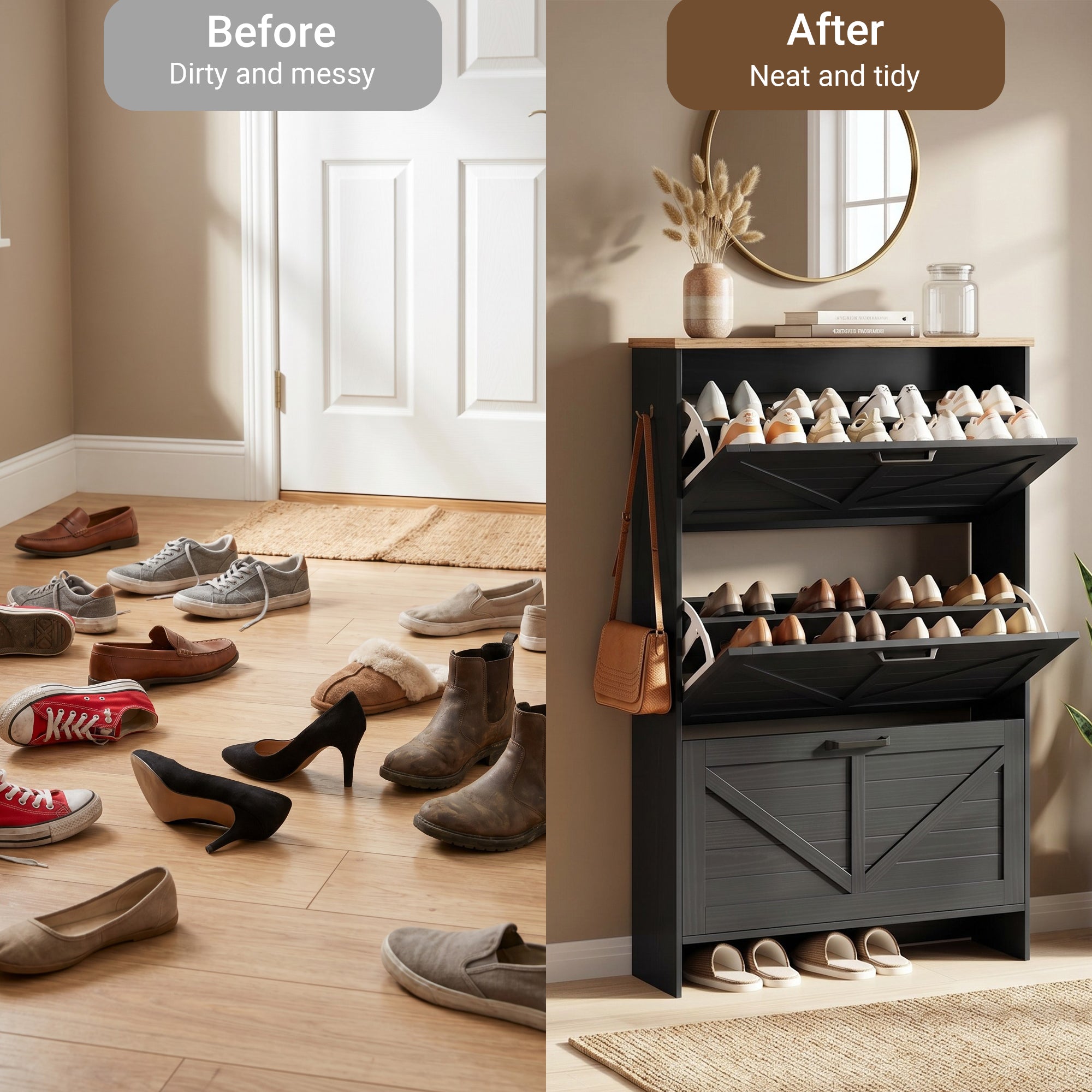 Skyhill Shoe Cabinet with 3 Flip Drawers, Farmhouse Shoe Storage Cabinet Organizer for Entryway, Black
