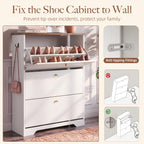 Skyhill Shoe Cabinet with 3 Flip Drawers,Freestanding Shoe Storage Organizer,White & Walnut 2-Tone Narrow Shoe Rack for Entryway,White