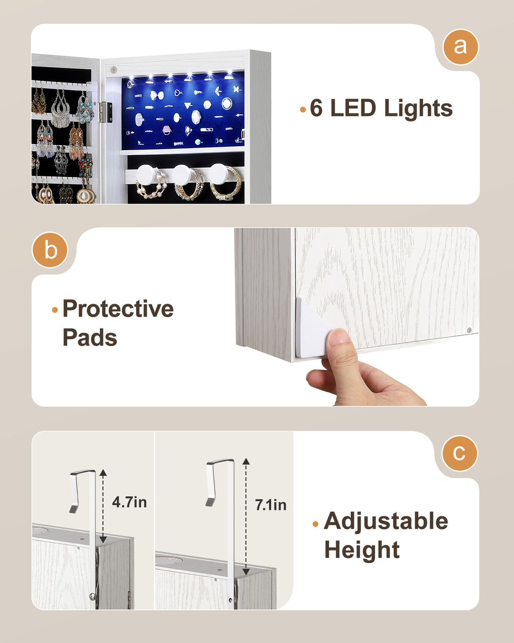 Skyhill Mirror Jewelry Cabinet，Jewelry Armoire Organizer with Makeup Storage，Door or Wall Mounted， 6 LED Lights（White）