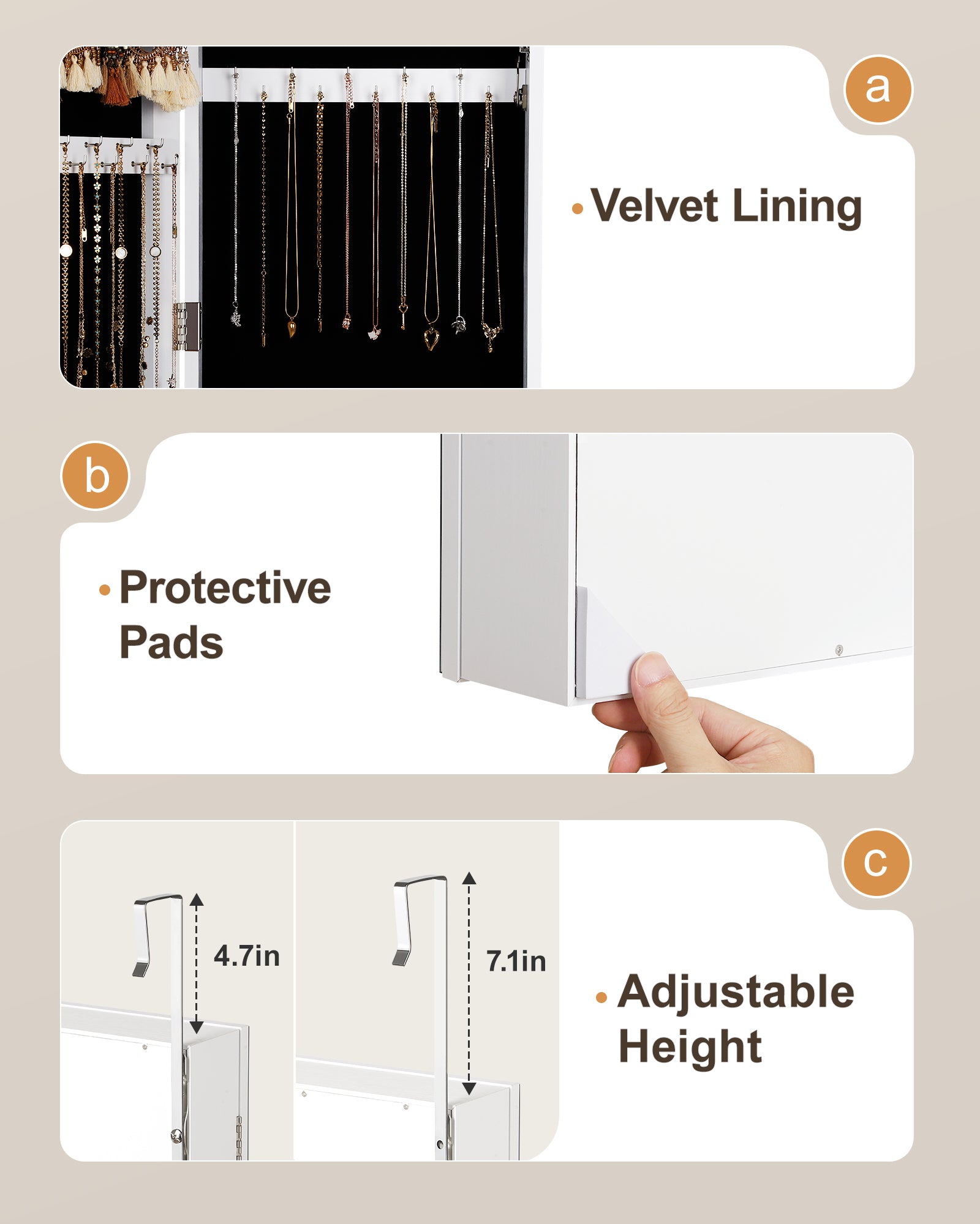 Skyhill Jewelry Cabinet,40in Jewelry Armoire Organizer,Mirror without borders,Door or Wall Mounted（White）