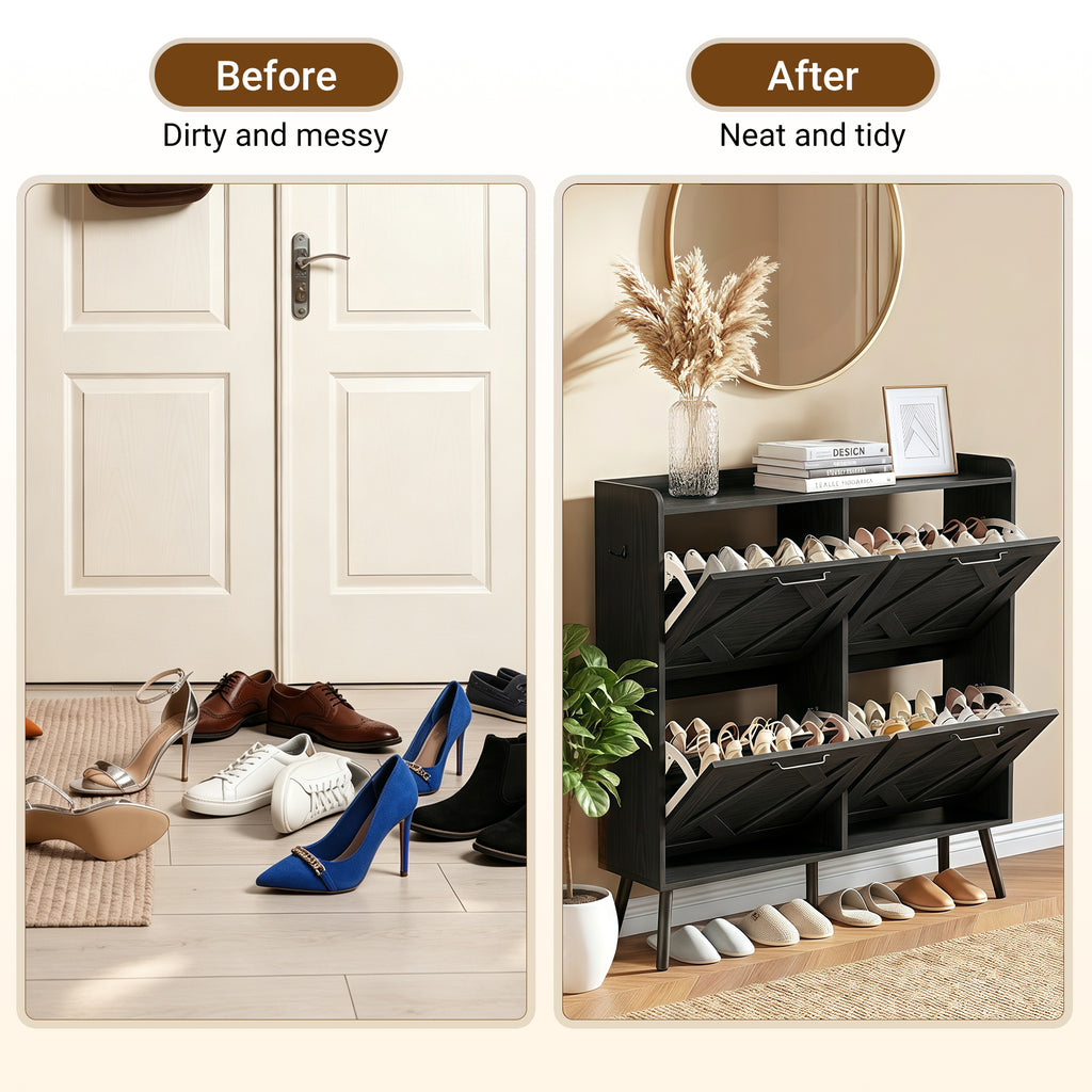 Skyhill Shoe Cabinet with 4 Flip Drawers,Farmhouse Shoe Storage Organizer for Entryway,Black