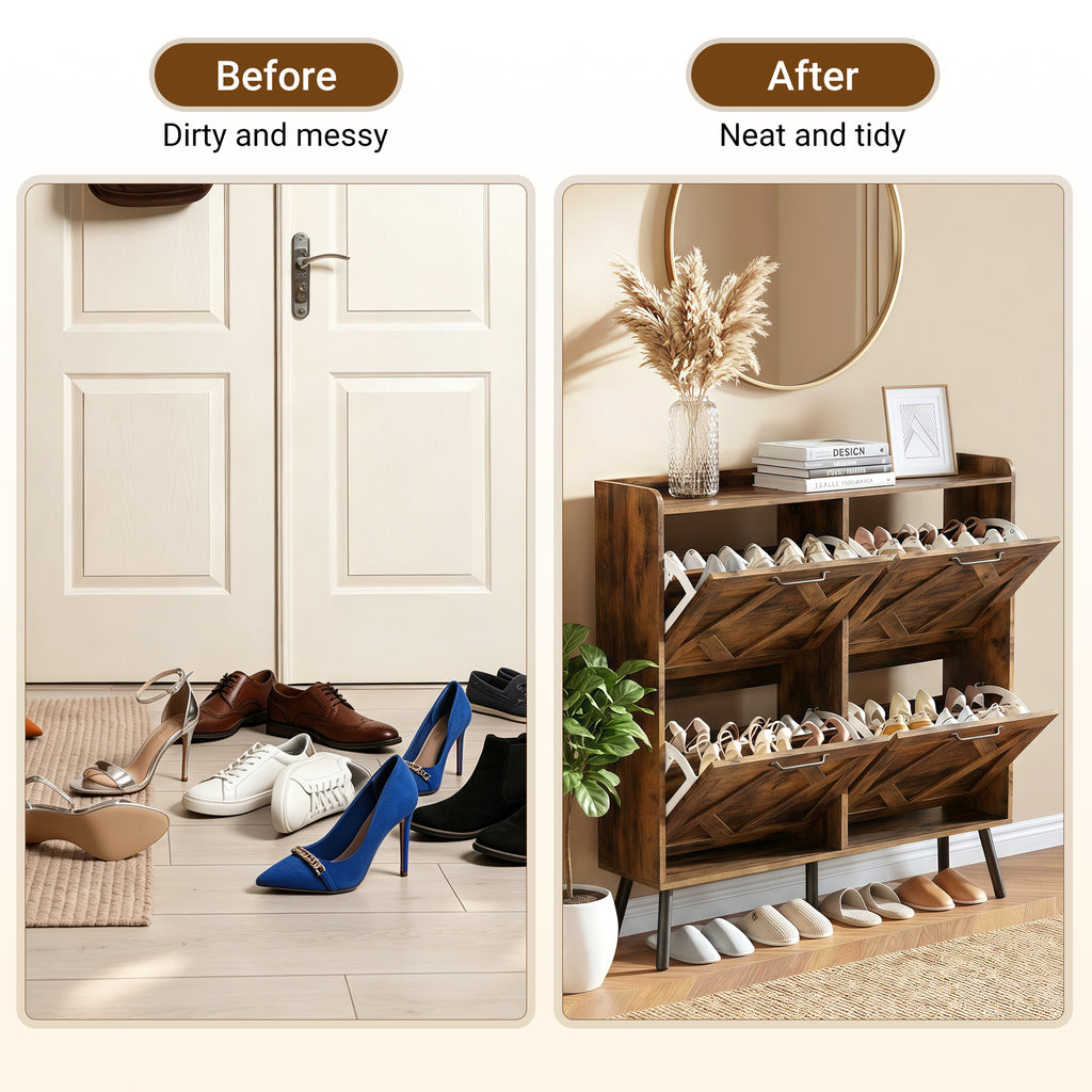 Skyhill Shoe Cabinet with 4 Flip Drawers,Farmhouse Shoe Storage Organizer for Entryway,Brown